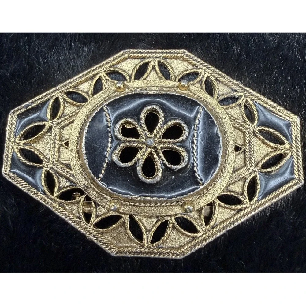 Black Enamel Brooch Gold‎ Tone Ornate Flower Scroll Design Vintage